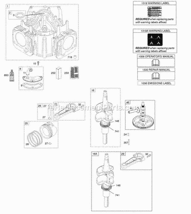 Camshaft Crankshaft Cylinder Piston Rings Connecting Rod Diagram and Parts List for 407777-0156-E1  Briggs and Stratton Engine